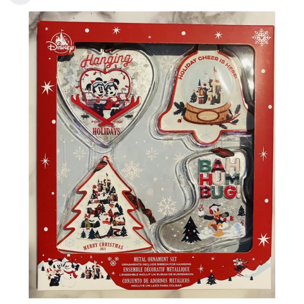 NEW Disney Parks 2021 Mickey and Friends Christmas Ornament Box Set of 4 Metal